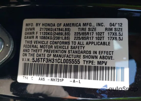 2012 Honda Crosstour 2.4 Ex z USA, uszkodzony, nr VIN 5J6TF3H31CL005555